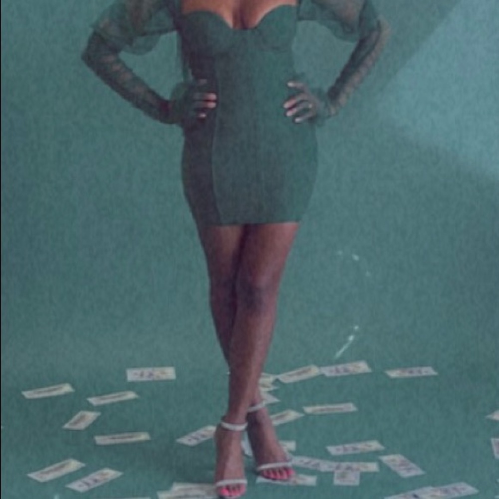 Emerald Mesh-Sleeve Corset Mini Dress | Luxe Holiday / NYE / Party Dress –Size M - Picture 14 of 16